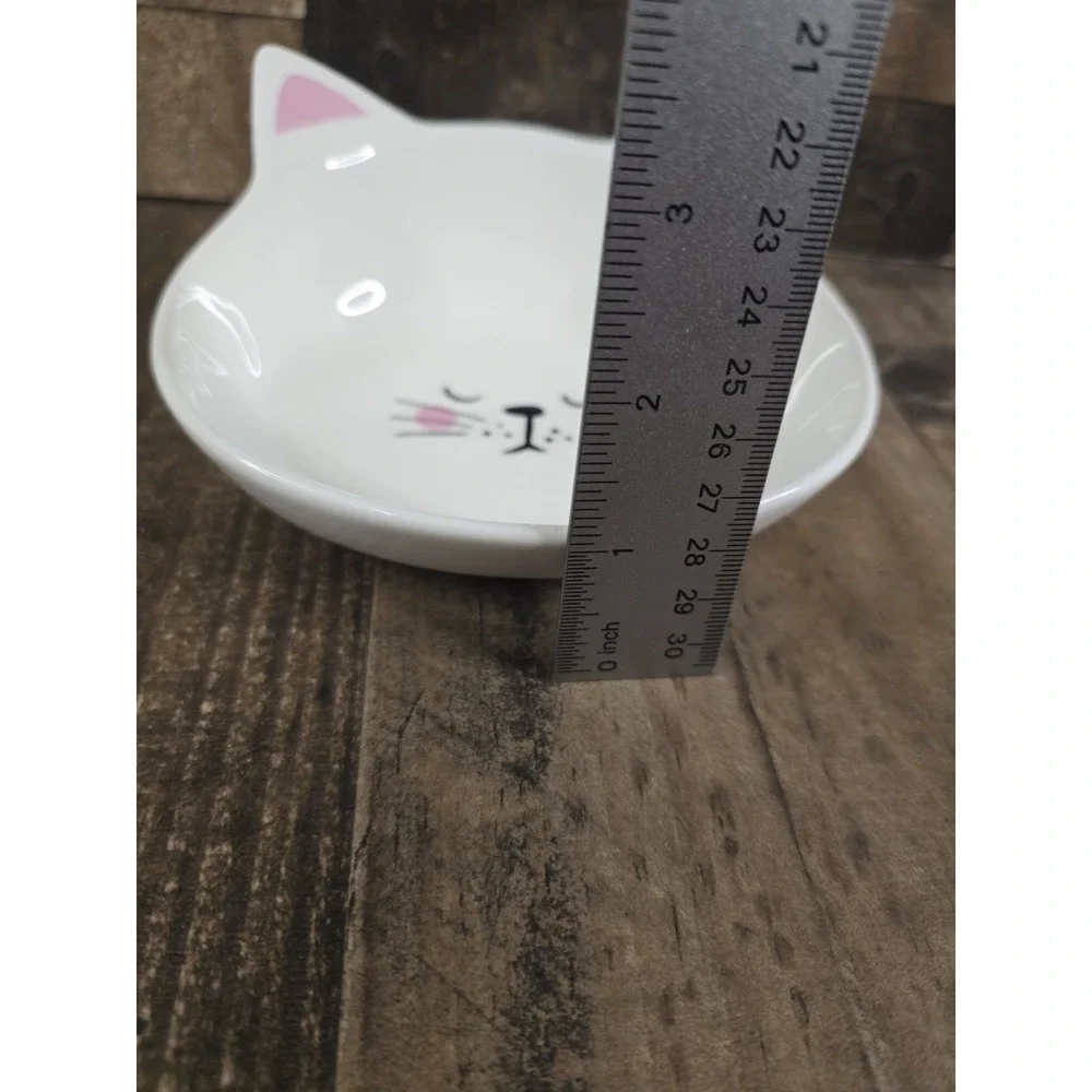 White Ceramic Cat Face Pet Bowl Pink Ears Whisker Friendly Trinket Dish Kawaii